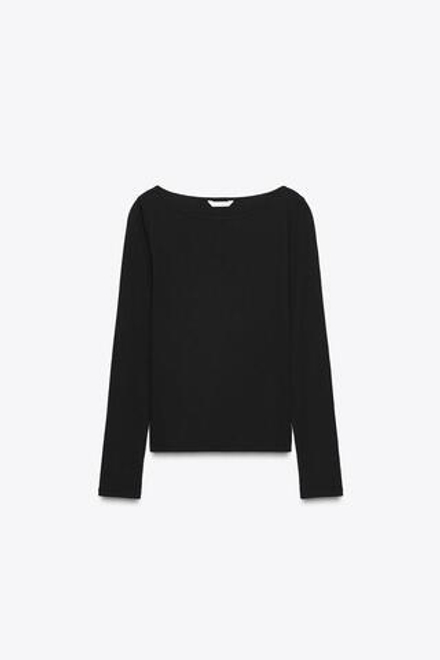 ZARA ХЛОПКОВАЯ ФУТБОЛКА С ВЫРЕЗОМ ЛОДОЧКОЙ, ЧЕРНЫЙ