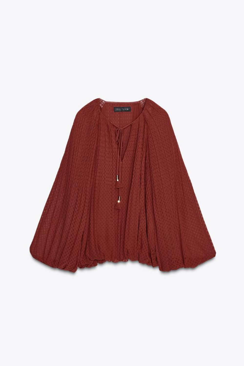 ZARA ПЛИССИРОВАННАЯ БЛУЗА С КИСТОЧКАМИ, ЧЕРЕПИЧНЫЙ