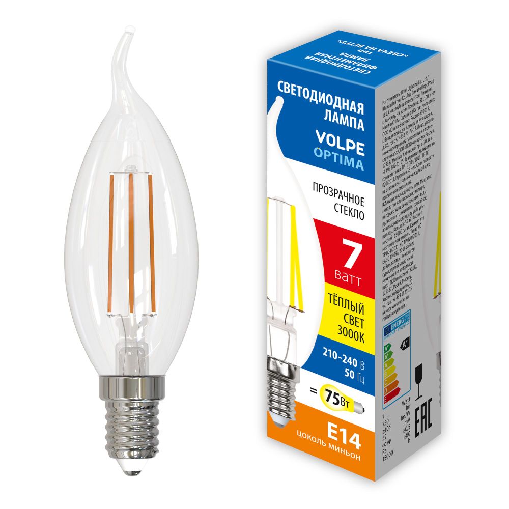 LED-CW35-7W-3000K-E14-CL-SLF Лампа светодиодная. Форма свеча на ветру. прозрачная. Теплый белый свет 3000К. ТМ Volpe