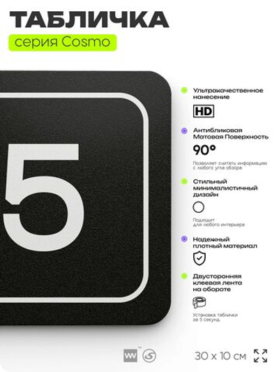 Таблички с номером аудитории "Аудитория №5", для офиса, 30 х 10 см, серия COSMO 3010, черная, Айдентика Технолоджи