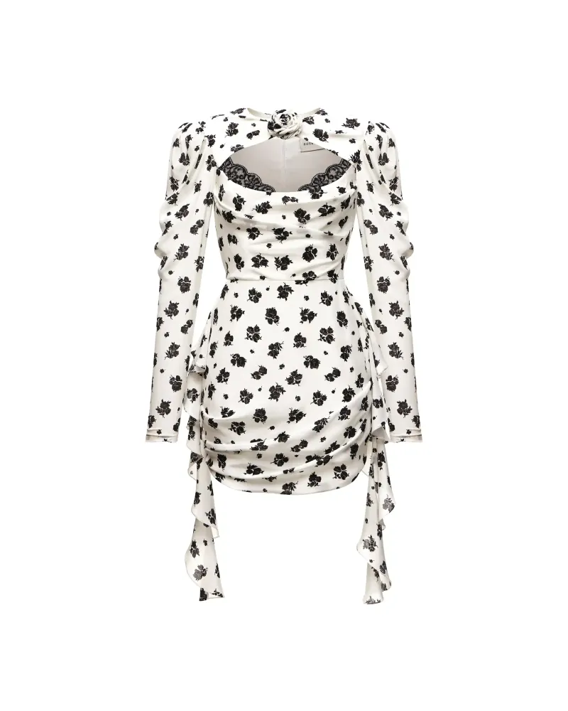 Macy, платье мини из молочного крепдешина с цветочным принтом и розой