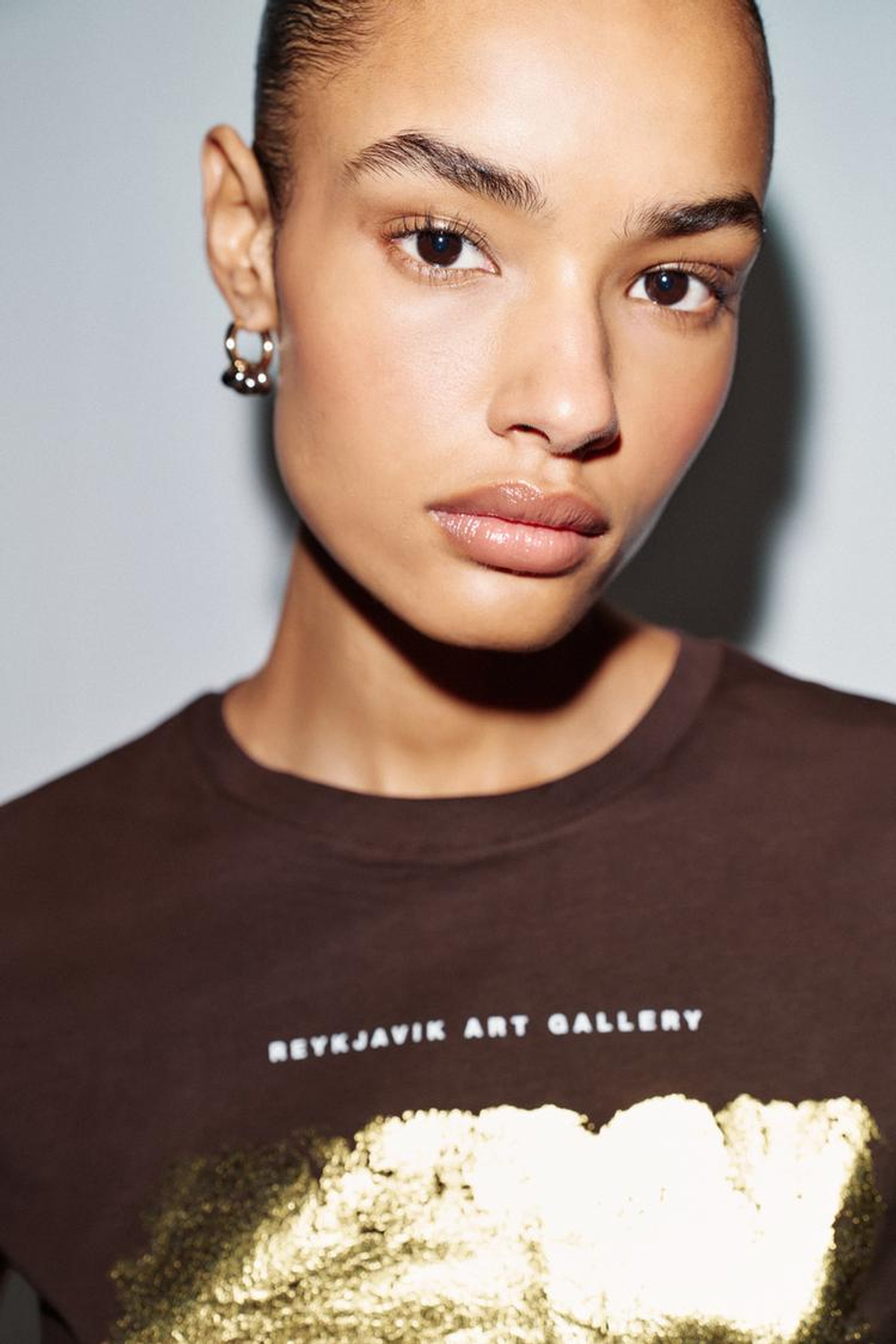 ZARA ФУТБОЛКА С МЕТАЛЛИЗИРОВАННЫМ ПРИНТОМ, КОРИЧНЕВЫЙ