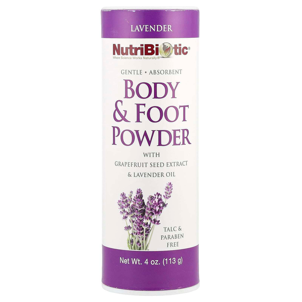 NutriBiotic, пудра для тела и ног с экстрактом семян грейпфрута и маслом лаванды, лаванда, 113 г (4 унции)