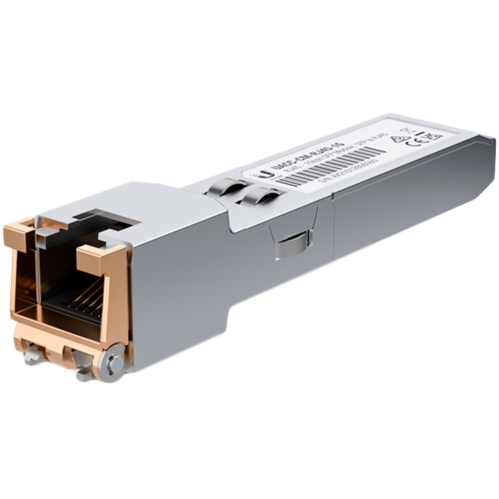 Ubiquiti UACC-CM-RJ45-1G SFP to RJ45 transceiver module that delivers 1 Gbps speed via a converted Ethernet connection.