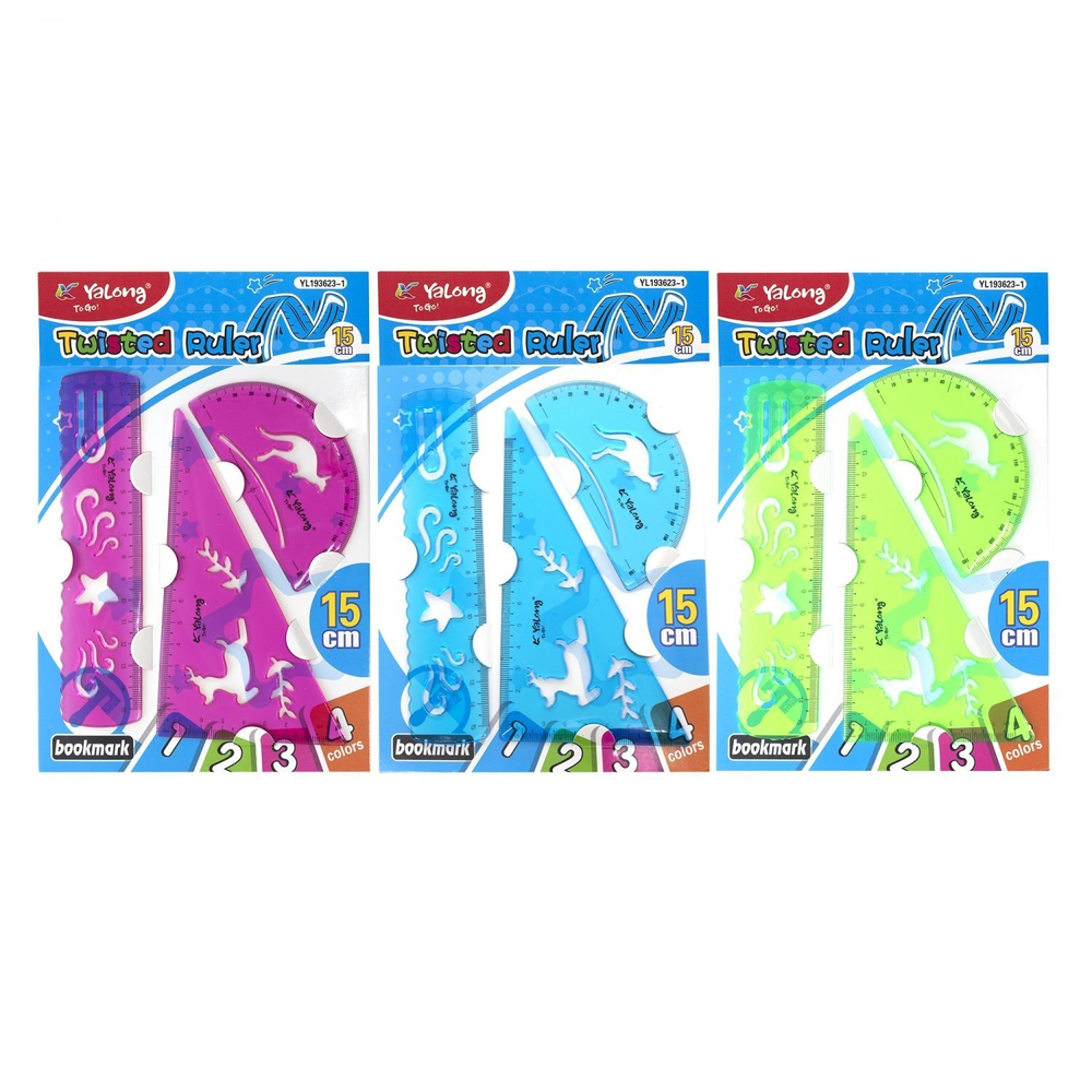 Набор чертежный Yalong, 15 см, пластиковый с трафаретом, 3 предмета, гибкий, цвета ассорти, пакет ПВХ с европодвесом