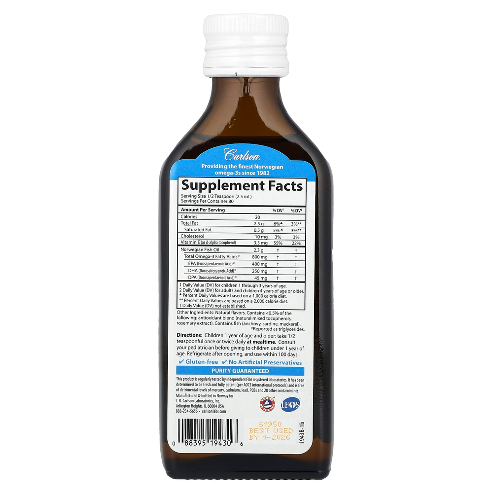 Carlson, Kid's Norwegian, самый лучший рыбий жир, персиковый вкус, 800 мг, 200 мл (6,7 жидк. унции)