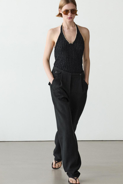 Massimo Dutti Струящиеся брюки из смесовой льняной ткани с декоративными карманами, черный