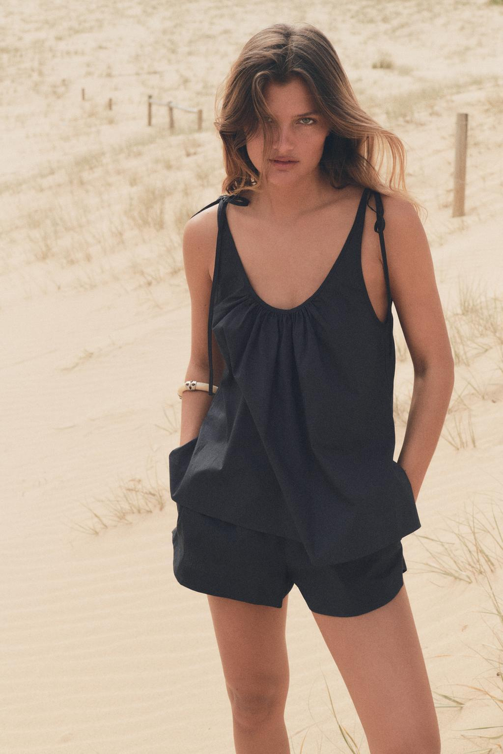 ZARA ТОП ИЗ ПОПЛИНА С ДРАПИРОВКОЙ, СВЕТЛО-НЕФТЯНОЙ