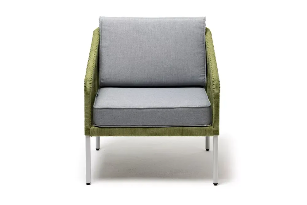 "Канны" кресло плетеное из роупа, каркас алюминий светло-серый (RAL7035) муар, роуп салатовый меланж круглый, ткань светло-серая