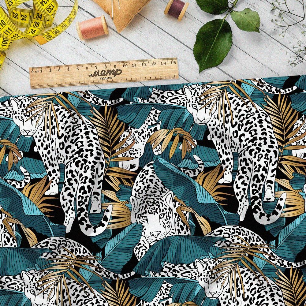 Ткань блэкаут леопард в тропических листьях