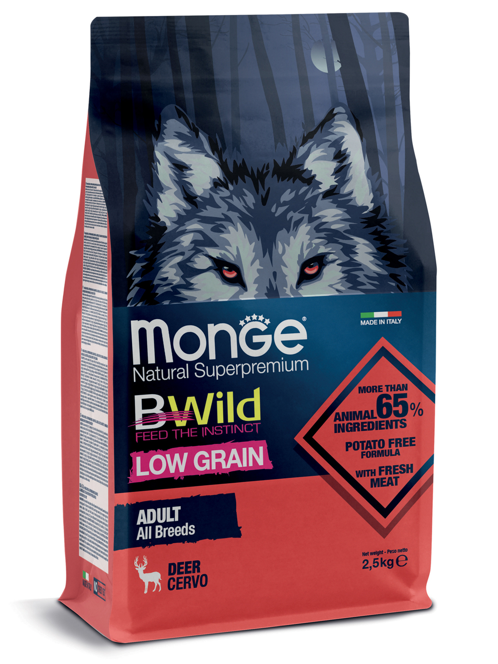 Сухой корм Monge Dog BWild LOW GRAIN, для взрослых собак, низкозерновой, из мяса оленя 2,5 кг