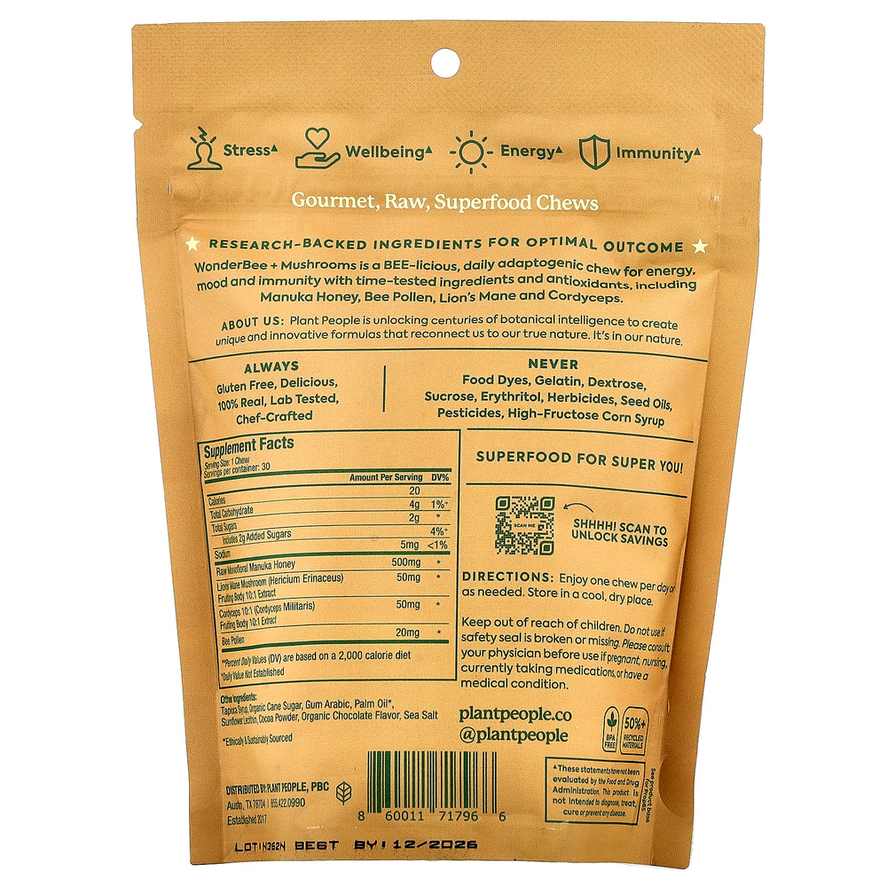 Plant People, WonderBee®, жевательные таблетки с суперпродуктом и грибами, с шоколадом, 30 жевательных таблеток