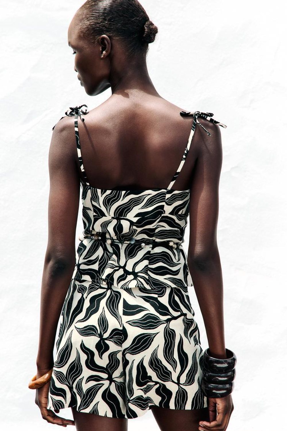 ZARA ТОП ИЗ СМЕСОВОГО ЛЬНА С ПРИНТОМ, ЧЕРНЫЙ/ЭКРЮ