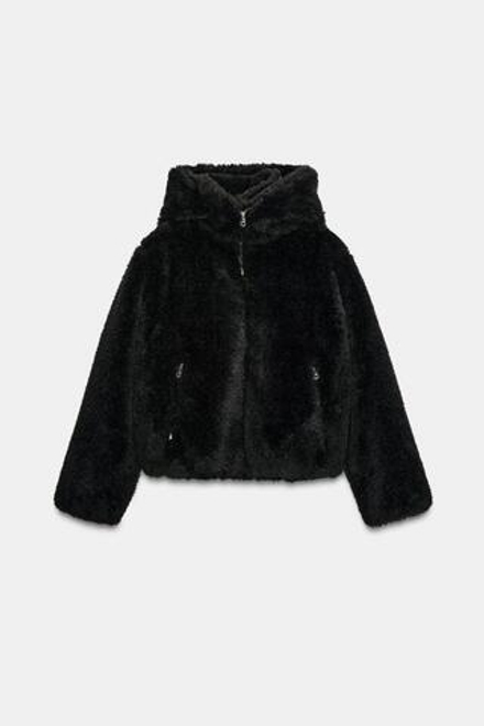 ZARA УТЕПЛЕННЫЙ БОМБЕР ИЗ ИСКУССТВЕННОГО МЕХА С КАПЮШОНОМ, ЧЕРНЫЙ