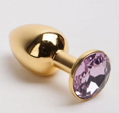 Золотистая металлическая анальная пробка с розовым стразом - 9,5 см. (Цвет: розовый)
