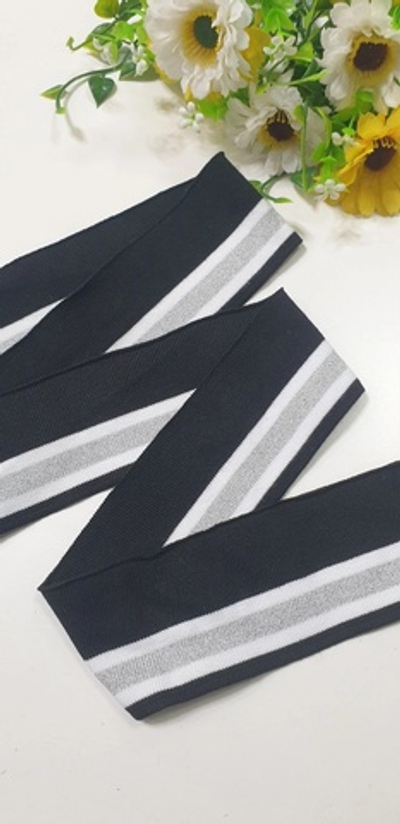 Манжет, 6см ×125см. Черный-белый с люрексом, серебро (одинарный)