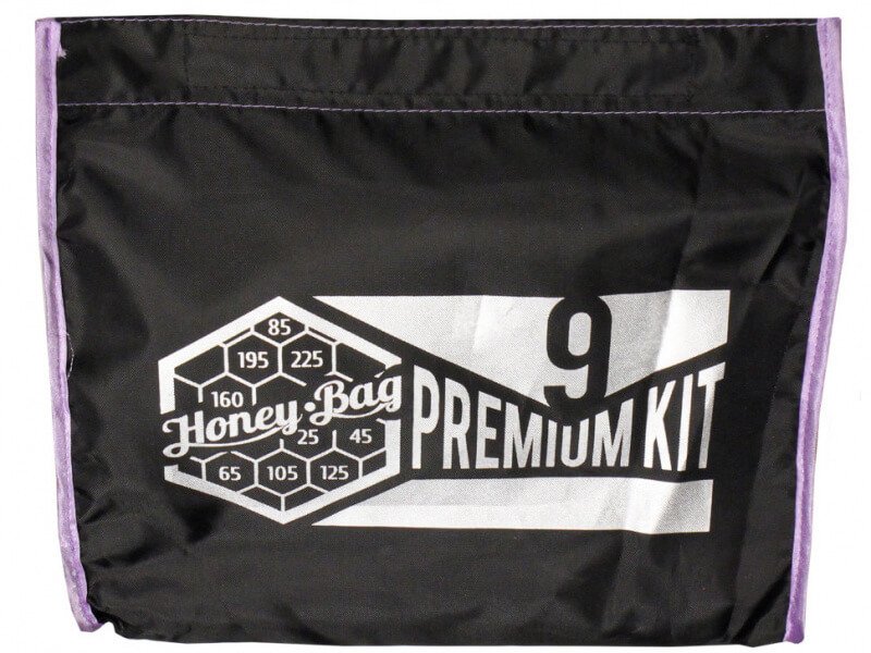 Упаковка комплекта мешков для ледяной экстракции haney-bag premium 9 шт/15 л. черный пакет с белым логотипом "honey bag premium kit 9" и указанием микрон