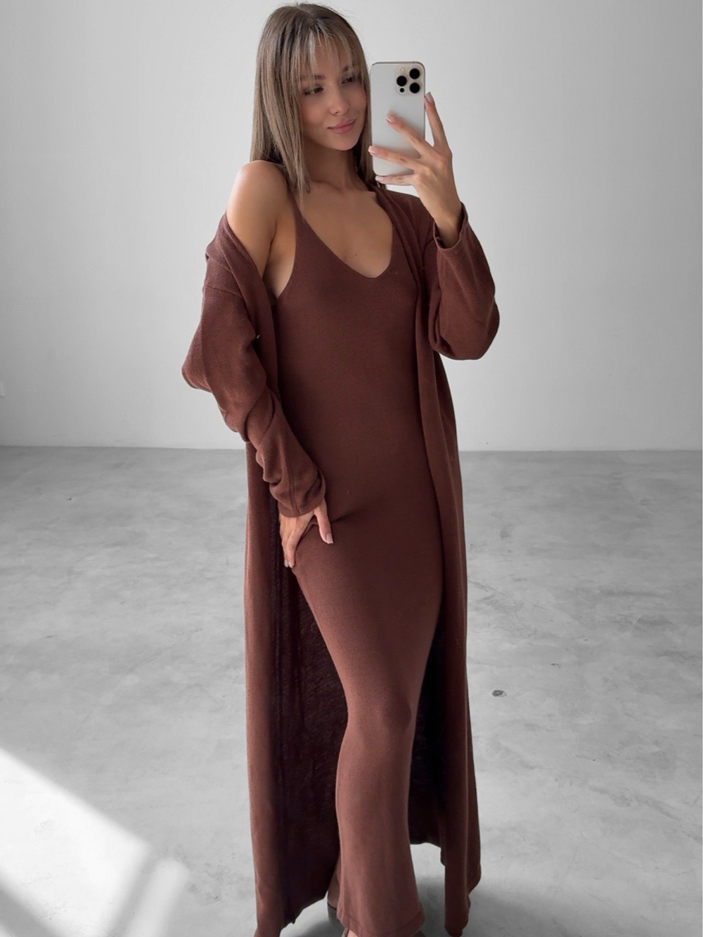 Комплект вязаный, платье на лямках и длинный кардиган