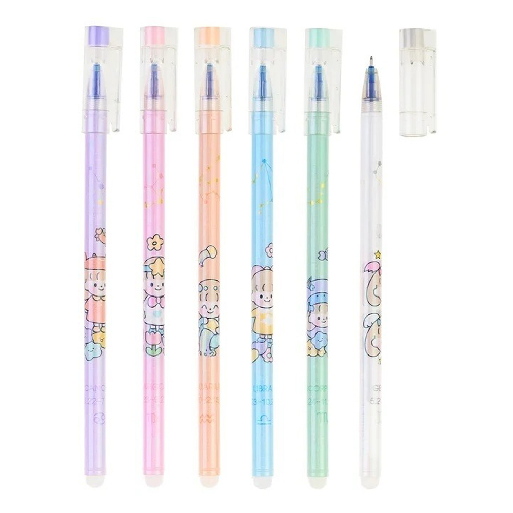 Ручка гелевая, пиши-стирай, Basir, синие чернила, серия "Знаки зодиака", цветной корпус, 12 шт