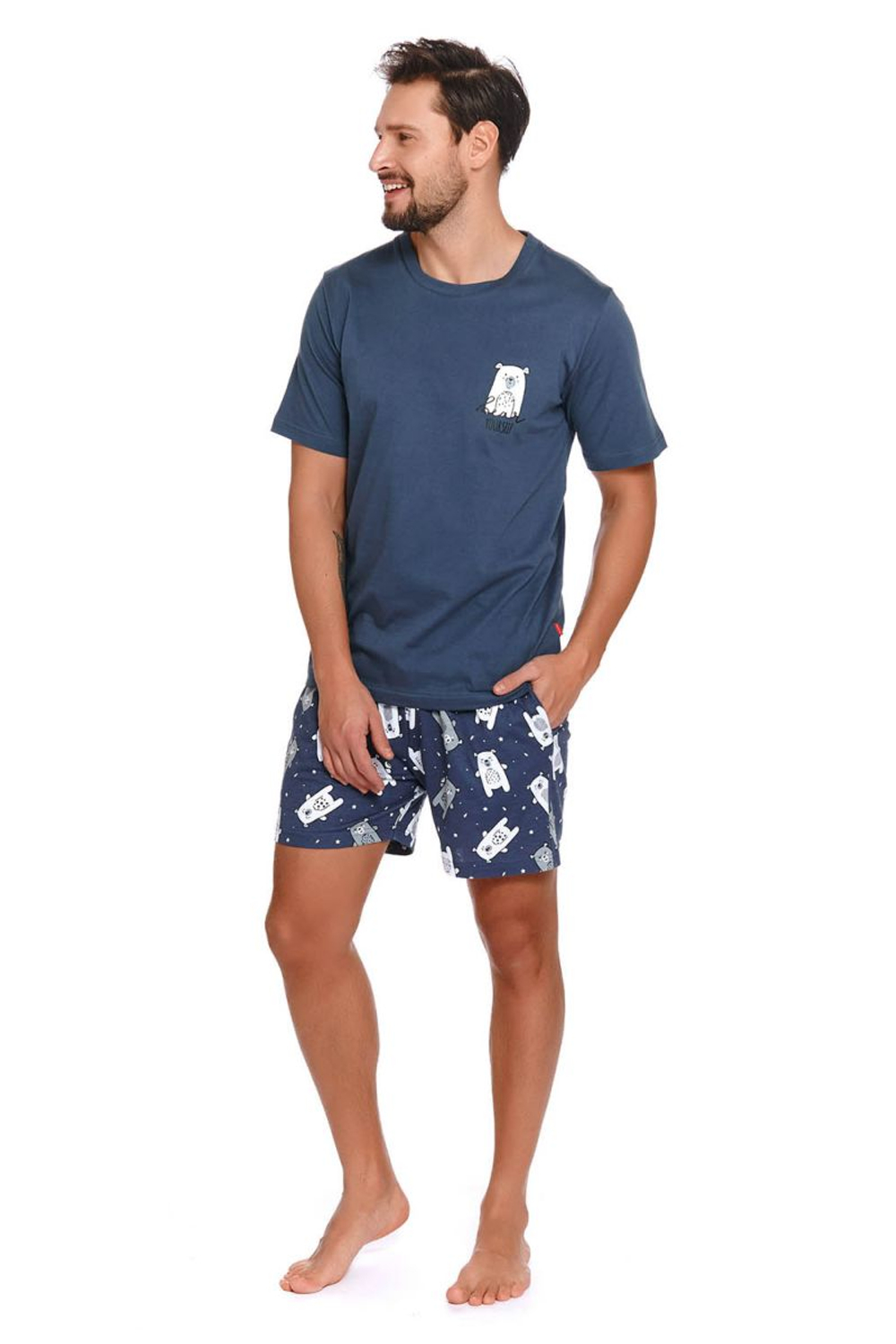 Мужская хлопковая пижама с принтом в виде мишек (Размер: L) (Цвет: синий)