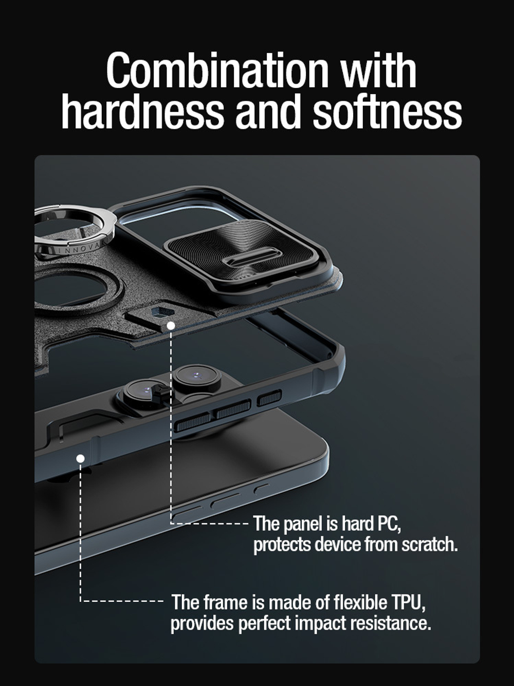 Чехол противоударный от Nillkin для смартфона iPhone 15 Pro Max, CamShield Armor Case, с кольцом и металлической защитной шторкой для камеры