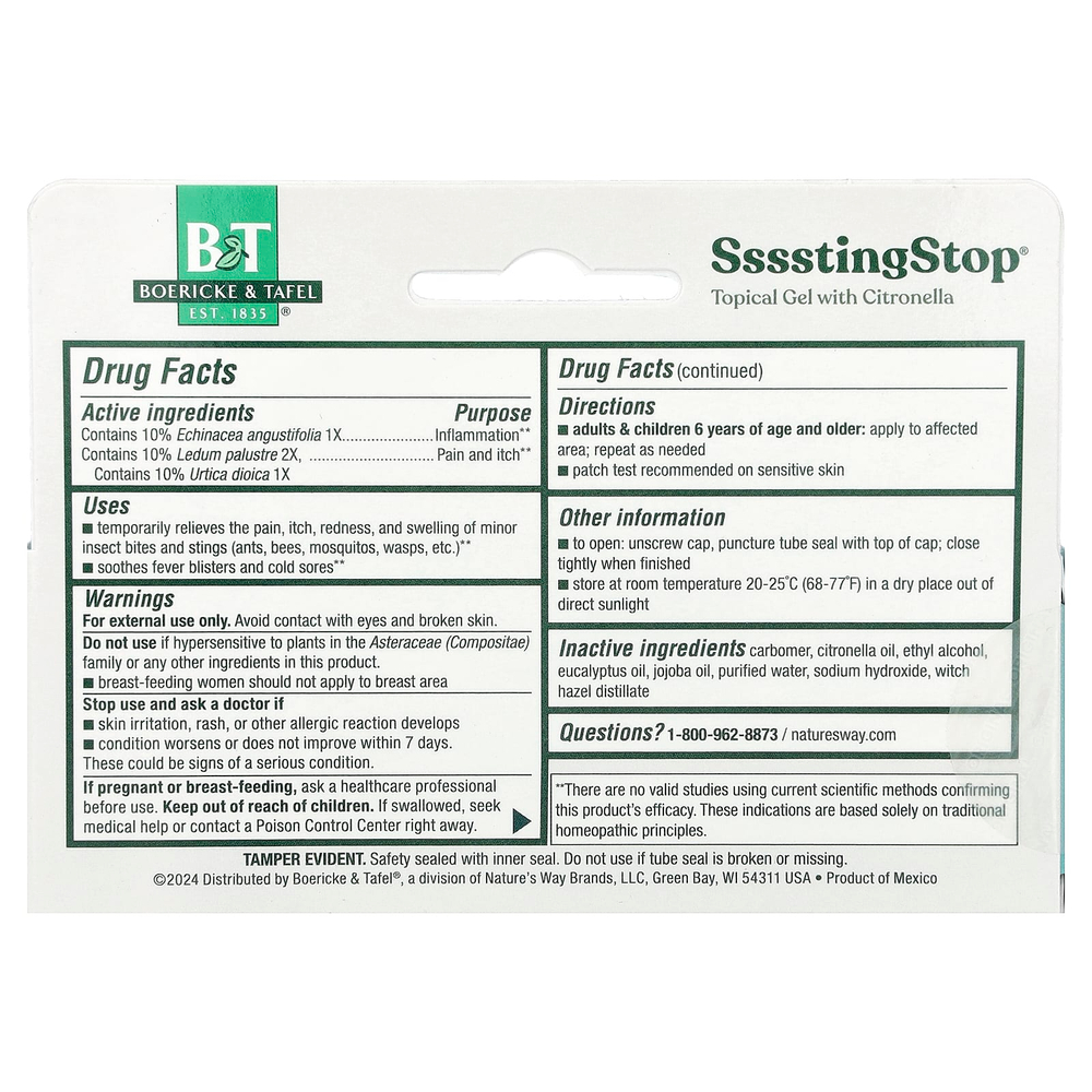 Boericke & Tafel, SssstingStop®, гель для местного применения с цитронеллой, для детей от 6 лет, 28 г (1 унция)