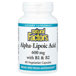 Natural Factors, альфа-липоевая кислота с витаминами B1 и B2, 60 вегетарианских капсул