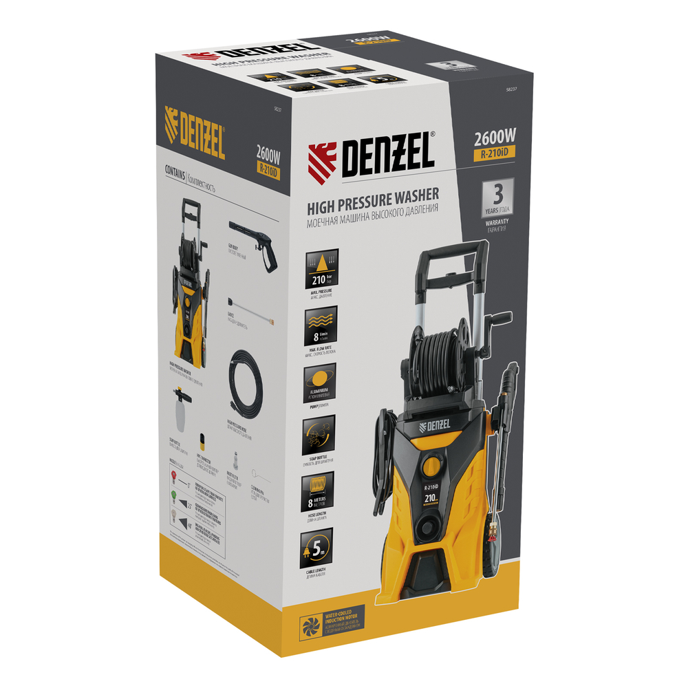 Моечная машина высокого давления R-210iD, 2600 Вт, 210 бар, 8,0 л/мин, асинх. двиг., бараб.// Denzel