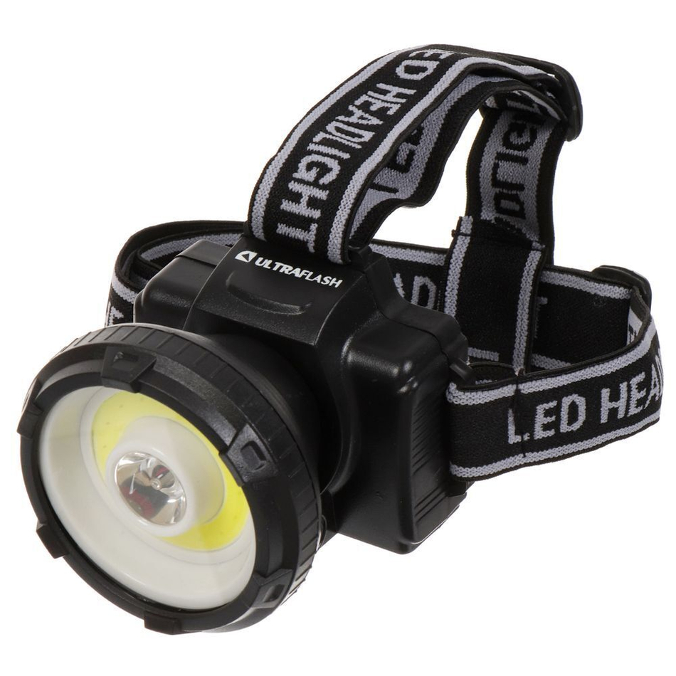 Фонарь налоб, встр акк, Ultraflash, LED5368, зар от сет220В, зар отUSB, пластик, чер, 1Вт LED+1,5Вт