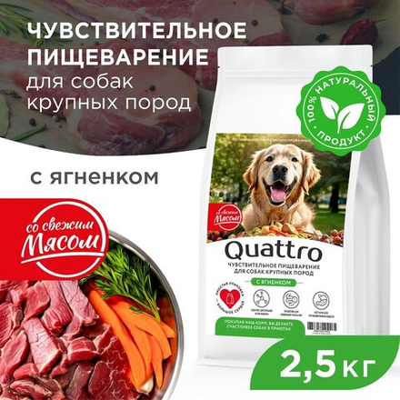 Корм сухой для взрослых собак крупных пород, премиум полнорационный комплекс, чувствительное пищеварение, с ягненком, 2,5 кг, QUATTRO