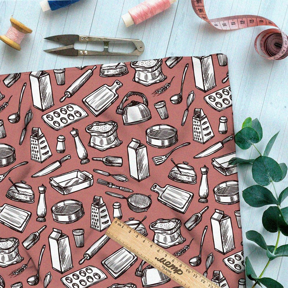 Ткань футер 2-х нитка кухонная утварь на коралловом фоне