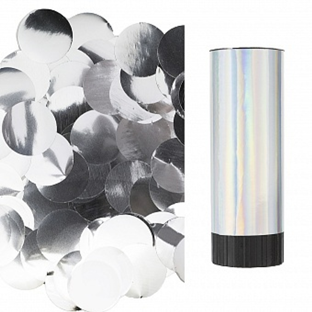 Хлопушка пружинная (4/10 см) Металлизированные круги Серебро Лазерная голография