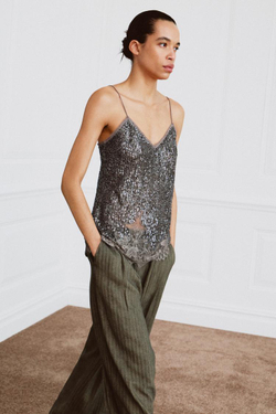 ZARA ТОП НА БРЕТЕЛЯХ С ПАЙЕТКАМИ — ZW COLLECTION, ТЕМНОЕ СЕРЕБРО