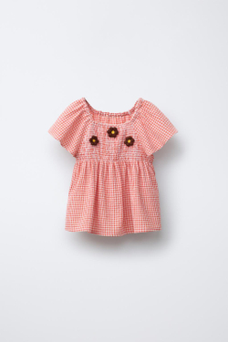 ZARA БЛУЗА В КЛЕТКУ ВИШИ С ЦВЕТОЧНЫМ ПРИНТОМ, КРАСНО-ОРАНЖЕВЫЙ