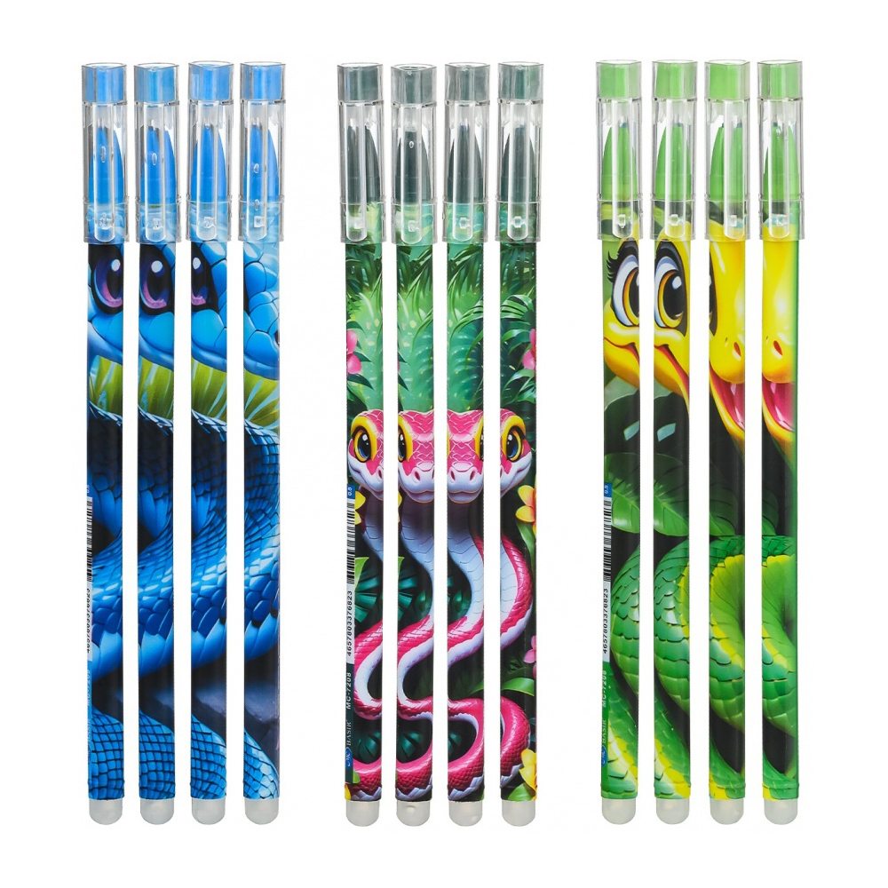 Ручка гелевая, пиши-стирай, Basir, синие чернила, серия "ЗМЕЯ", корпус с рисунком, 12 шт