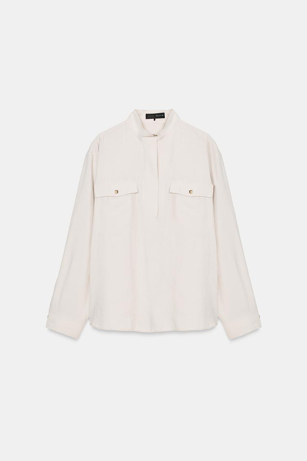 ZARA СТРУЯЩАЯСЯ РУБАШКА С ВЫСОКИМ ВОРОТНИКОМ, ПЕСОЧНЫЙ