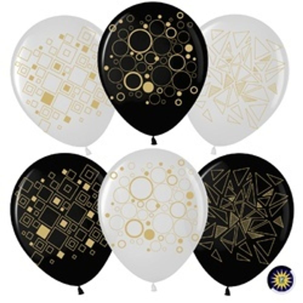 Шар (12"/30 см) Геометрия, Белый (200)/Черный (299), пастель, 5 ст 50 шт.