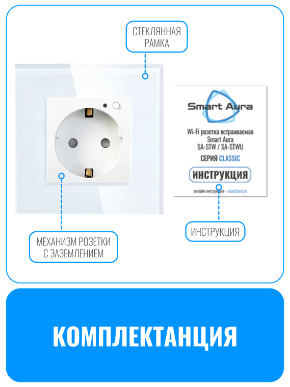 Умная Wi-Fi розетка с заземлением Smart Aura серия Classic с рамкой из стекла