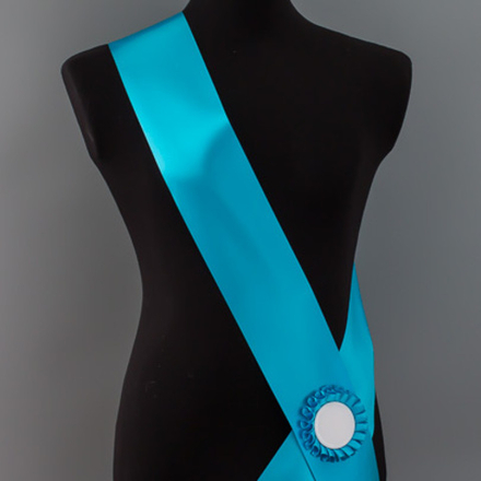 Лента наградная для конкурса красоты С НАНЕСЕНИЕМ. Цвет ленты ГОЛУБОЙ. Крепление розетка с лого.