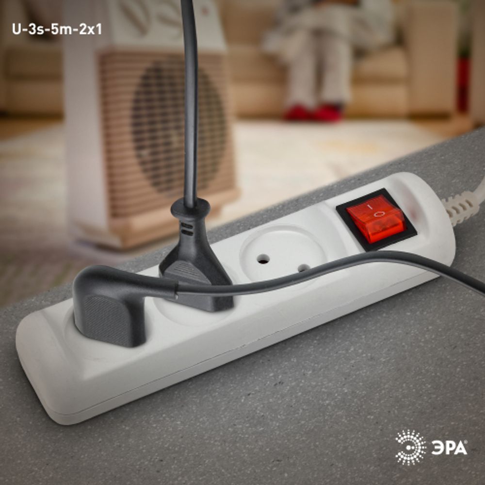 Удлинитель электрический ЭРА U-3s-5m-2x1 без заземления c выключателем 3 розетки 5м ПВС 2x1мм2 10А | Бытовые удлинители