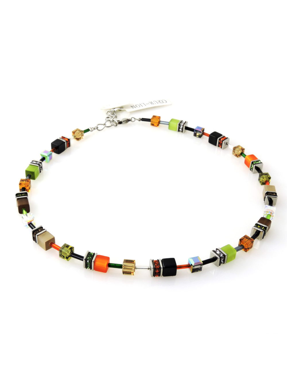 4327 Coeur de Lion – эффектное колье с кристаллами Сваровски. Кубы Сваровски и крошечные кристаллы оранжевого, изумрудного и прозрачно-хрустального оттенка.