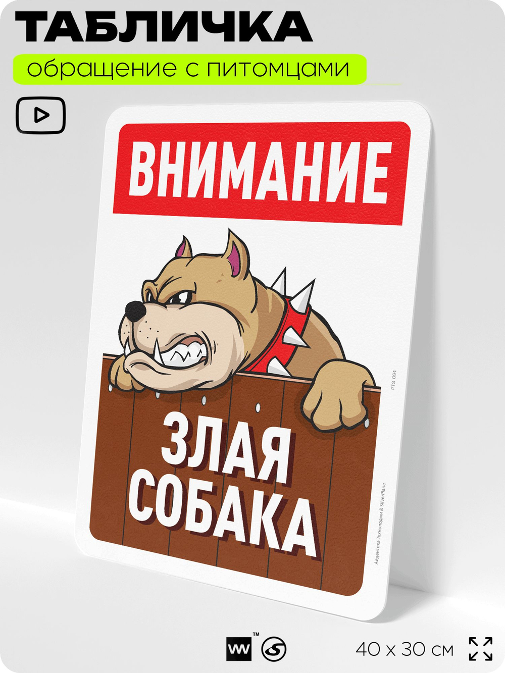 Табличка "Внимание, злая собака" на дверь и забор, для двора, дома, подъезда, 40х30 см, Silver Plane x Айдентика Технолоджи