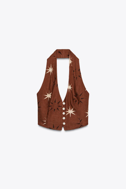 ZARA ТОП ИЗ ЛЬНА С ПРИНТОМ В ВИДЕ СОЛНЦА, ТЕРРАКОТОВЫЙ