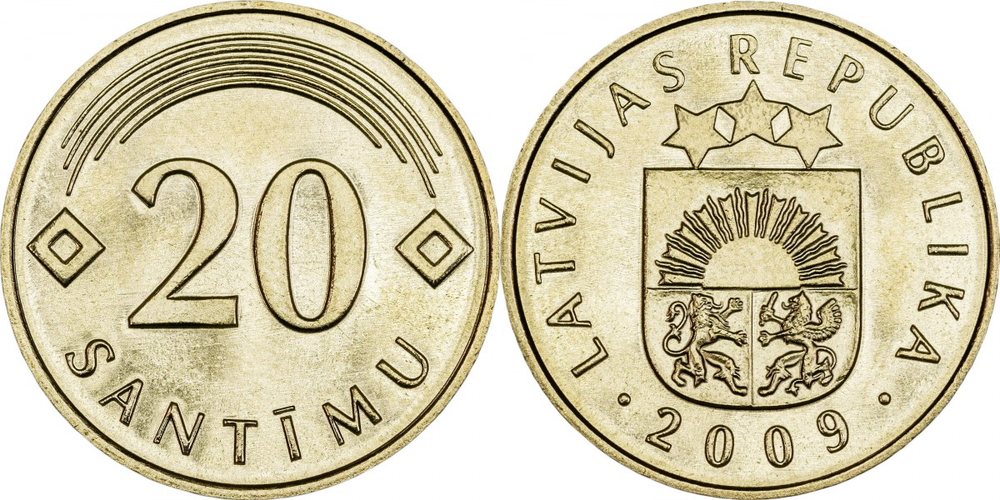Латвия 20 сантимов, 1992 - 2009 Герб XF