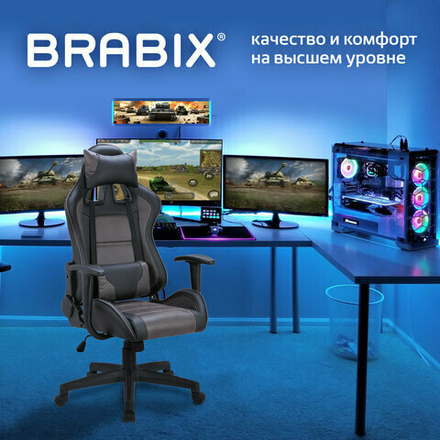 Кресло компьютерное BRABIX "GT Racer GM-100", две подушки, ткань, экокожа, черное/коричневое, 531819