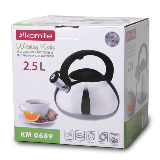 Чайник 2,5 л. из нержавеющей стали со свистком Kamille KM-0689 и черной бакелитовой ручкой