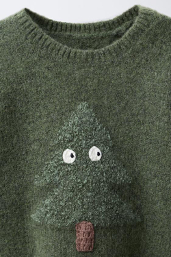 ZARA ВЯЗАНЫЙ ДЖЕМПЕР С ВЫШИТЫМ ДЕРЕВОМ, МЯГКИЙ ЗЕЛЕНЫЙ