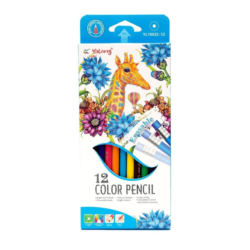 Карандаши цветные Yalong 12 цв., "Tropics" пластиковые, шестигранные, заточенные, ластик, грифель 3.0 мм, картон. уп., европод.