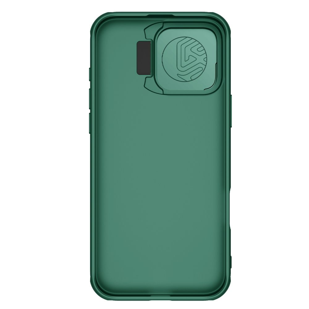 Чехол зеленого цвета (Dark Green) с металлической откидной крышкой для камеры от Nillkin на iPhone 16 Pro Max, серия CamShield Prop Case
