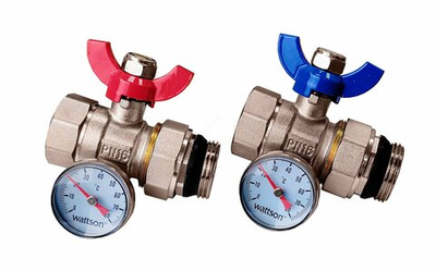 WATTSON Краны шаровые с термометром для коллекторной группы 1" х 1" НР - ВР, комплект 2 шт.